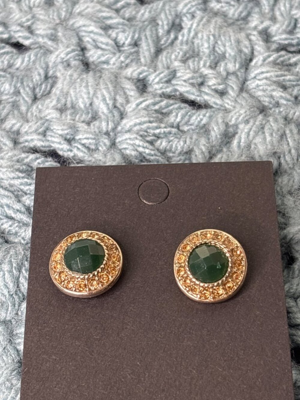Circle Stud Earrings Goldtone Green Yellow Rhinestone Halo 5/8 inch - Picture 1 of 5